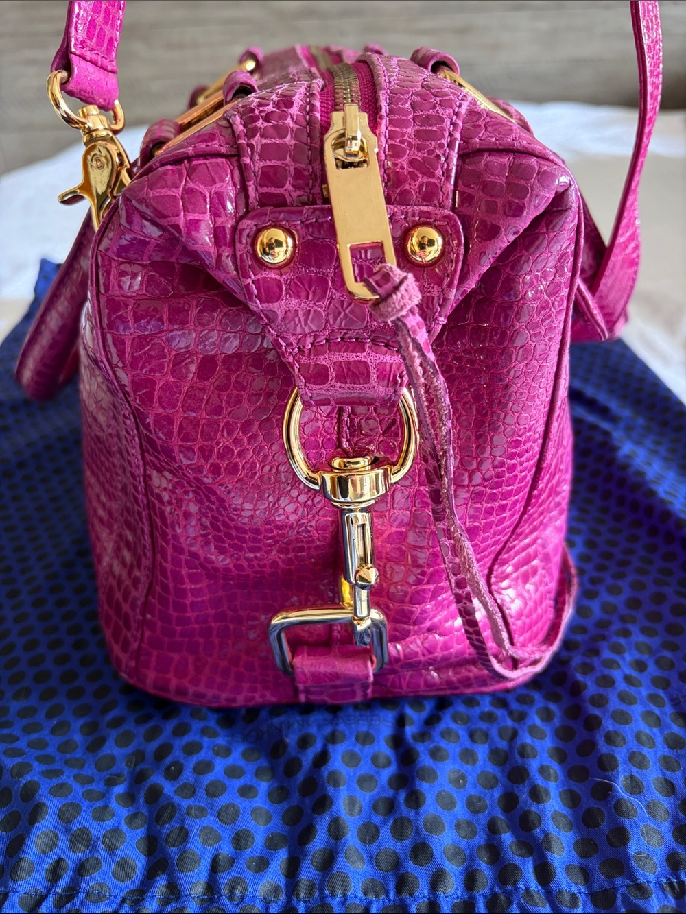 Rebecca Minkoff MAB Croc-Embossed Fuchsia Satchel Handbag - Picture 3 of 9